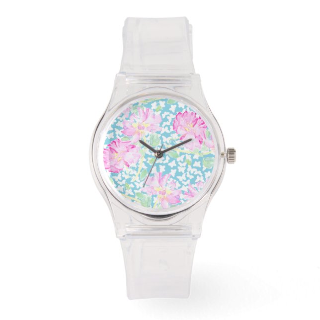 Pink Sporty Watch: Pink Roses, White Butterflies Watch (Front)