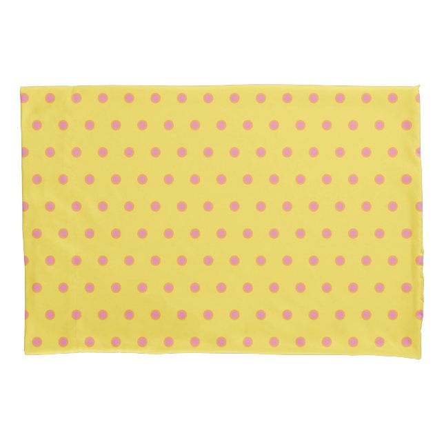 Pink spots pattern on yellow and light orange pillowcase (Front-Left)