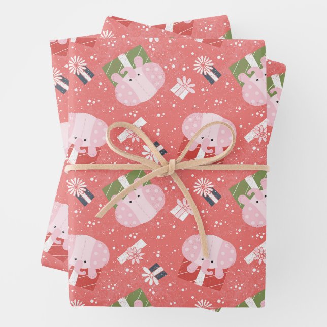 Pink Spotted Elephant Toy Wrapping Paper Sheet (In situ)