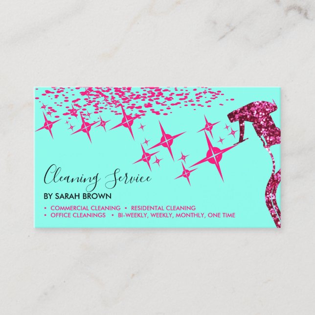 Pink Spray Teal Maid Cleaning House Sparkling Business Card (Front)