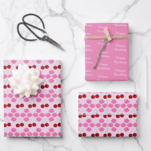 Pink Spring Birthday Cherry blossom and cherries Wrapping Paper Sheet