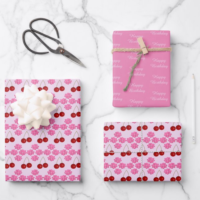 Pink Spring Birthday Cherry blossom and cherries Wrapping Paper Sheet (Front)