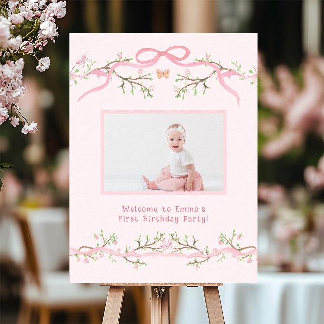 Pink Spring Blossom 1st Birthday Photo Welcome Poster (Creator Uploaded)