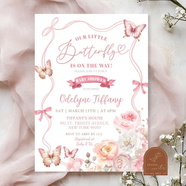 Pink Spring Blossom Floral Butterfly Baby Shower Invitation (Creator Uploaded)