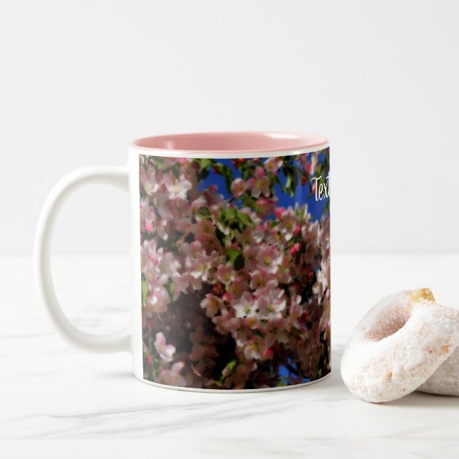 Pink Spring Blossoms Floral Personalised  Two-Tone Coffee Mug (With Donut)