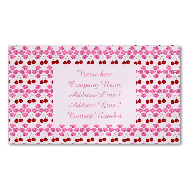 Pink Spring Cherry blossom and cherries Patterned Magnetic Business Card (Front)