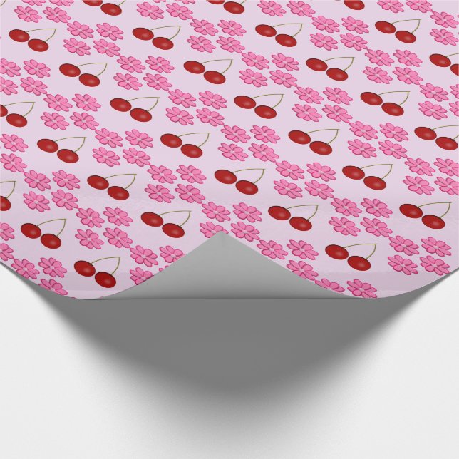 Pink Spring Cherry blossom and cherries Patterned Wrapping Paper (Corner)