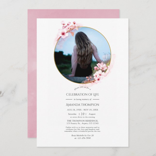 Pink Spring Cherry Blossom Celebration of Life Invitation (Front/Back)