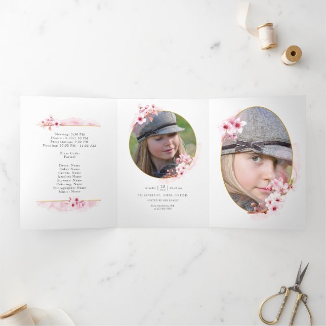 Pink Spring Cherry Blossom Quinceañera Tri-Fold In (Inside)