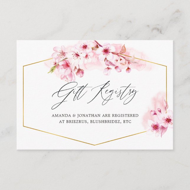 Pink Spring Cherry Blossom Wedding Gift Registry Enclosure Card (Front)