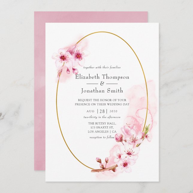 Pink Spring Cherry Blossom Wedding Invitation (Front/Back)