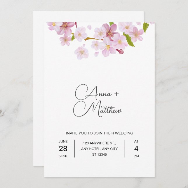Pink Spring Cherry Flower Wedding Invitation Card (Front/Back)