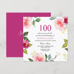 Pink Spring Floral 100th Birthday Party Invitation