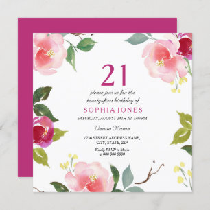 Pink Spring Floral 21st Birthday Party Invitation