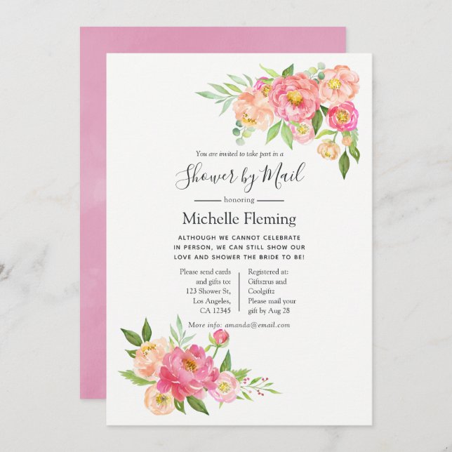 Pink Spring Floral Baby or Bridal Shower by Mail Invitation (Front/Back)