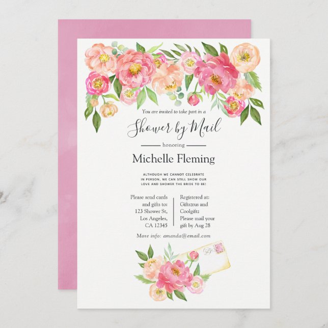 Pink Spring Floral Bridal or Baby Shower by Mail Invitation (Front/Back)