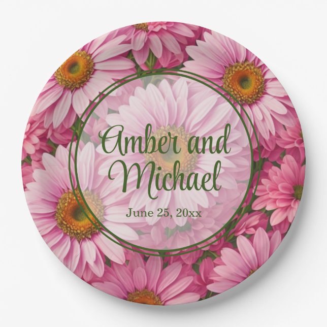 Pink spring floral pink daisies retro pink flowers paper plate (Front)