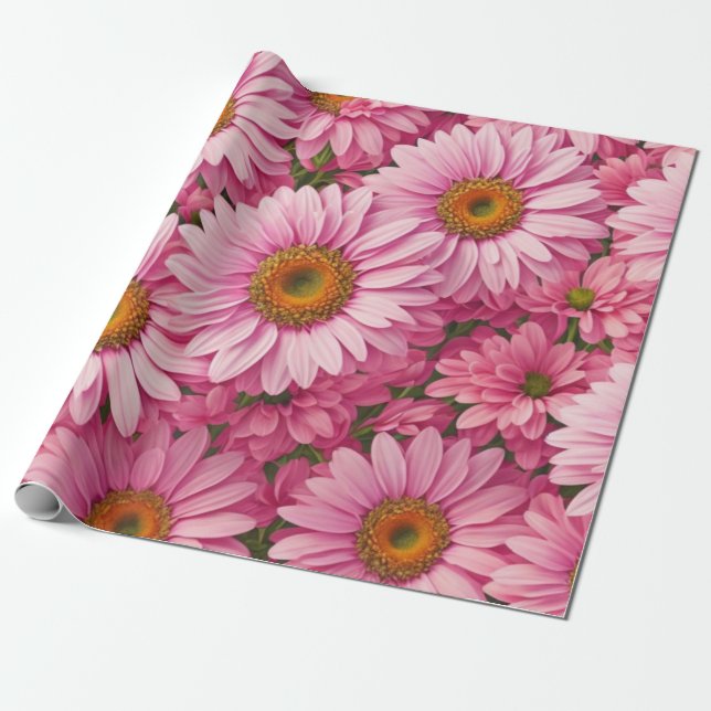 Pink spring floral pink daisies retro pink flowers wrapping paper (Unrolled)