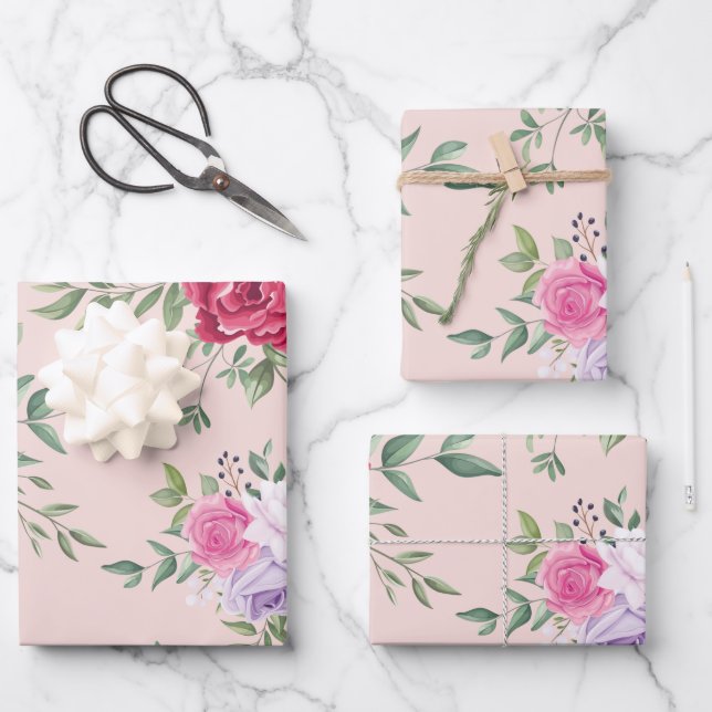 Pink Spring Flower Pattern Wrapping Paper Sheet (Front)
