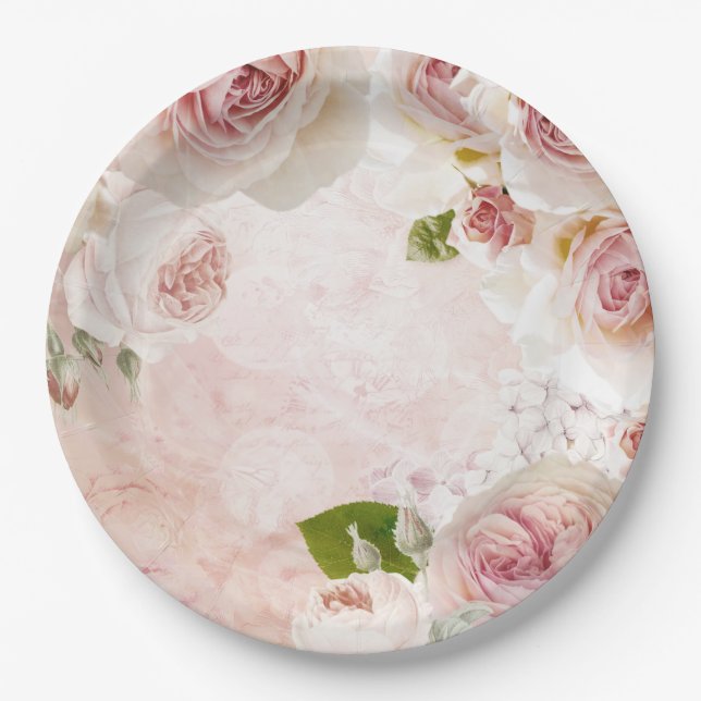 Pink Spring Flower Rose Pastel Collage Paper Plate (Front)