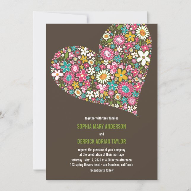 Pink Spring Flowers Heart Whimsical Wedding Invite (Front)