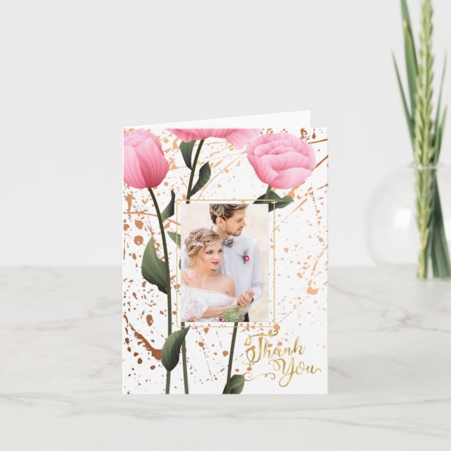 Pink Spring Rose Floral Photo Wedding Thank You Card (Front)