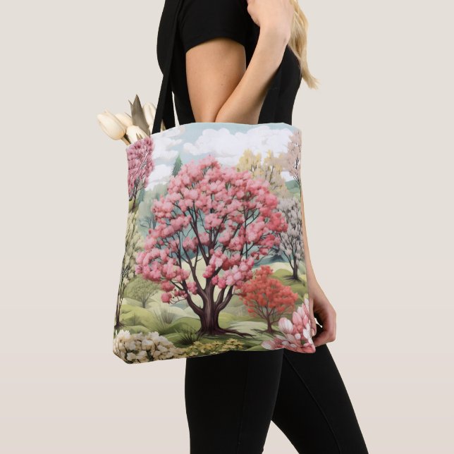 Pink Spring Tree Orchard Tote Bag (Close Up)