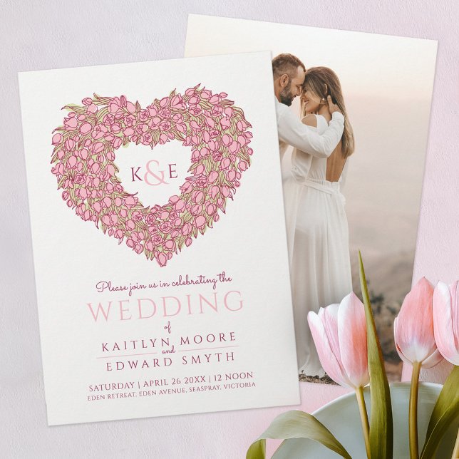 Pink spring tulips heart art photo wedding invitation (Creator Uploaded)