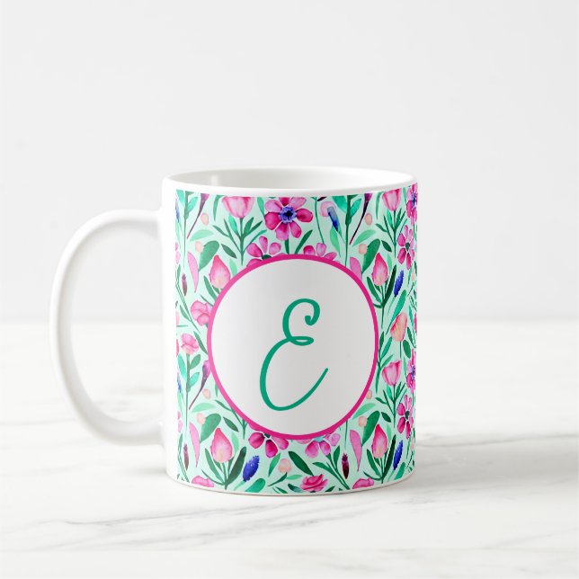 Pink spring watercolor floral pattern monogram coffee mug (Left)