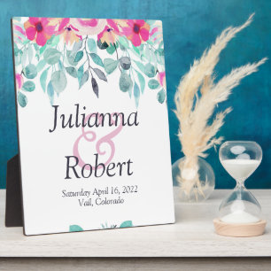 Pink spring watercolor floral wedding plaque