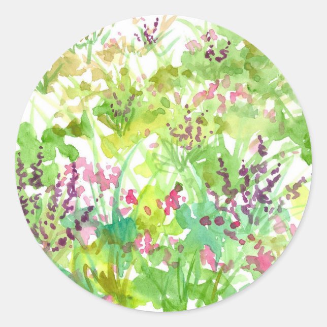 Pink Spring Watercolor Wildflowers Nature Art Classic Round Sticker (Front)