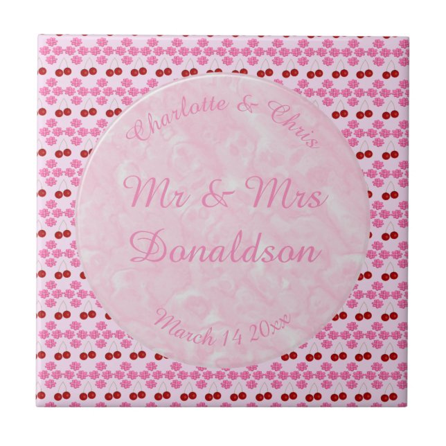 Pink Spring Wedding Cherry blossom and cherries Ceramic Tile (Front)