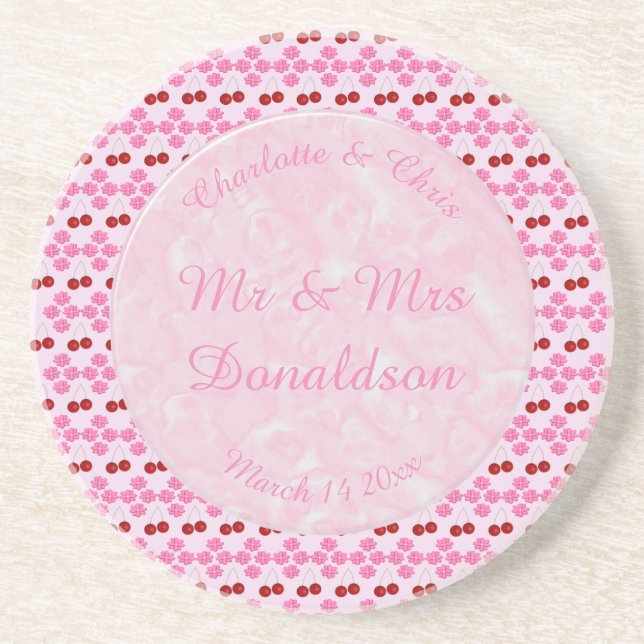 Pink Spring Wedding Cherry blossom and cherries Coaster (Front)