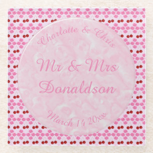 Pink Spring Wedding Cherry blossom and cherries Glass Coaster