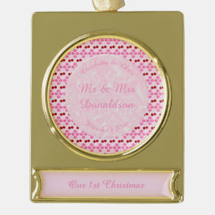 Pink Spring Wedding Cherry blossom and cherries Gold Plated Banner Ornament