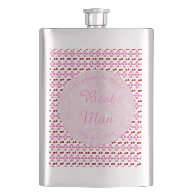 Pink Spring Wedding Cherry blossom and cherries Hip Flask (Front)