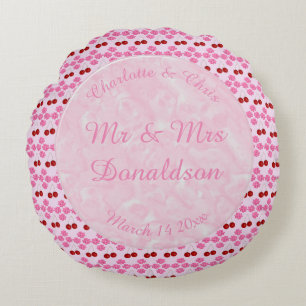 Pink Spring Wedding Cherry blossom and cherries Round Cushion