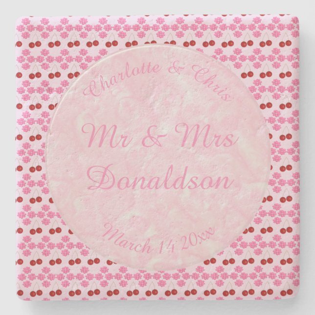 Pink Spring Wedding Cherry blossom and cherries Stone Coaster (Front)