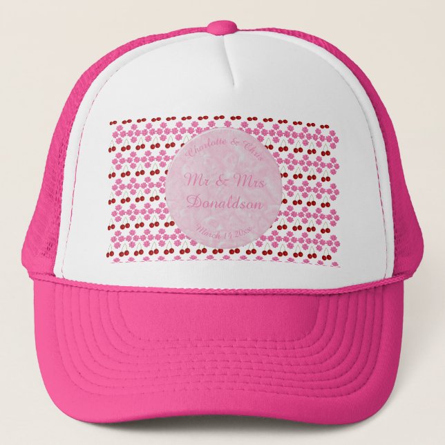 Pink Spring Wedding Cherry blossom and cherries Trucker Hat (Front)