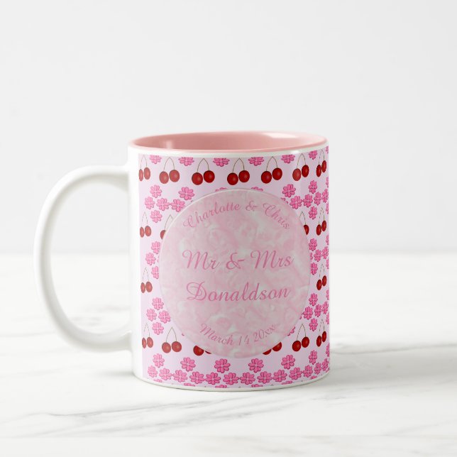 Pink Spring Wedding Cherry blossom and cherries Two-Tone Coffee Mug (Left)