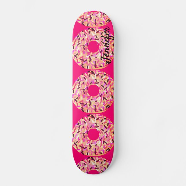 Pink Sprinkle Doughnuts Girls Hot Pink Custom Skateboard (Front)