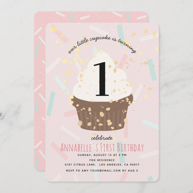 Pink Sprinkles Cupcake Birthday Invitation (Front/Back)
