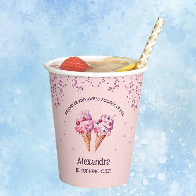 Pink Sprinkles Girl Ice Cream 1st Birthday  Paper Cups (Creator Uploaded)