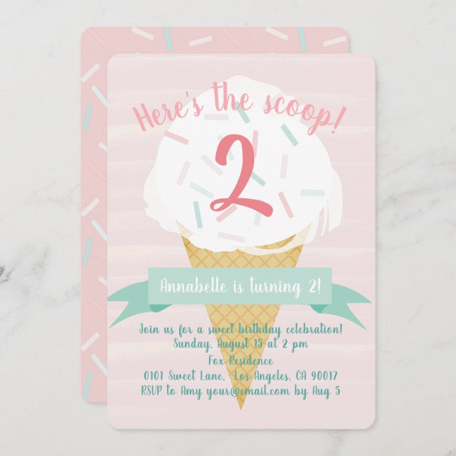 Pink Sprinkles Ice Cream Birthday Invitation (Front/Back)