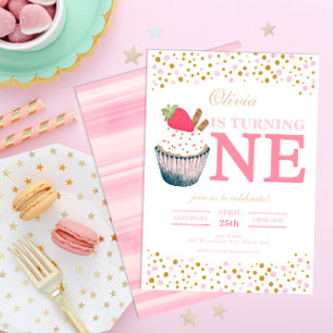 Pink Sprinkles Strawberry Cupcake 1st Birthday Invitation