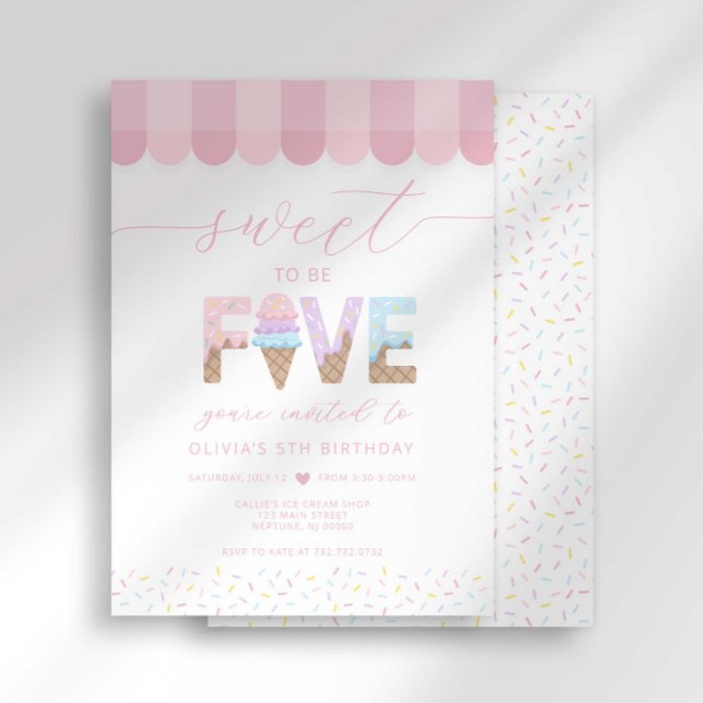 Pink Sprinkles Sweet to be 5 Ice Cream Birthday Invitation (Creator Uploaded)