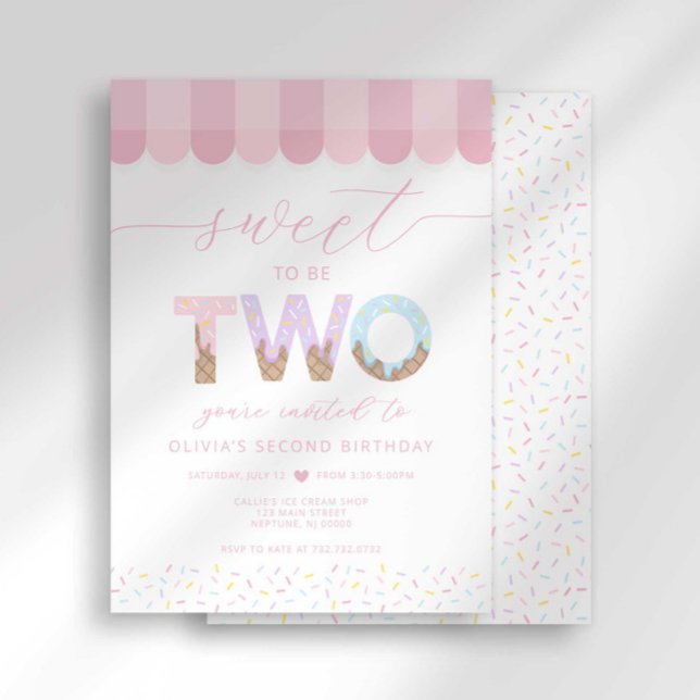 Pink Sprinkles Sweet to be Two Ice Cream Birthday Invitation (Creator Uploaded)