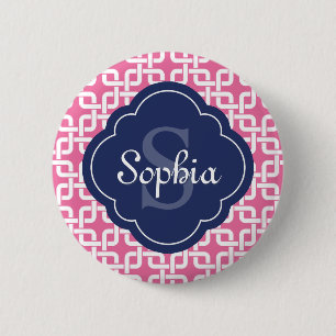 Pink Square Chain Pattern Blue Monogram 6 Cm Round Badge