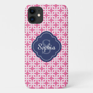 Pink Square Chain Pattern Blue Monogram iPhone 11 Case