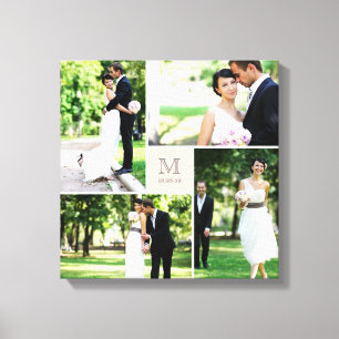 Pink Square Grid Monogram Wedding 4 Photo Collage Canvas Print